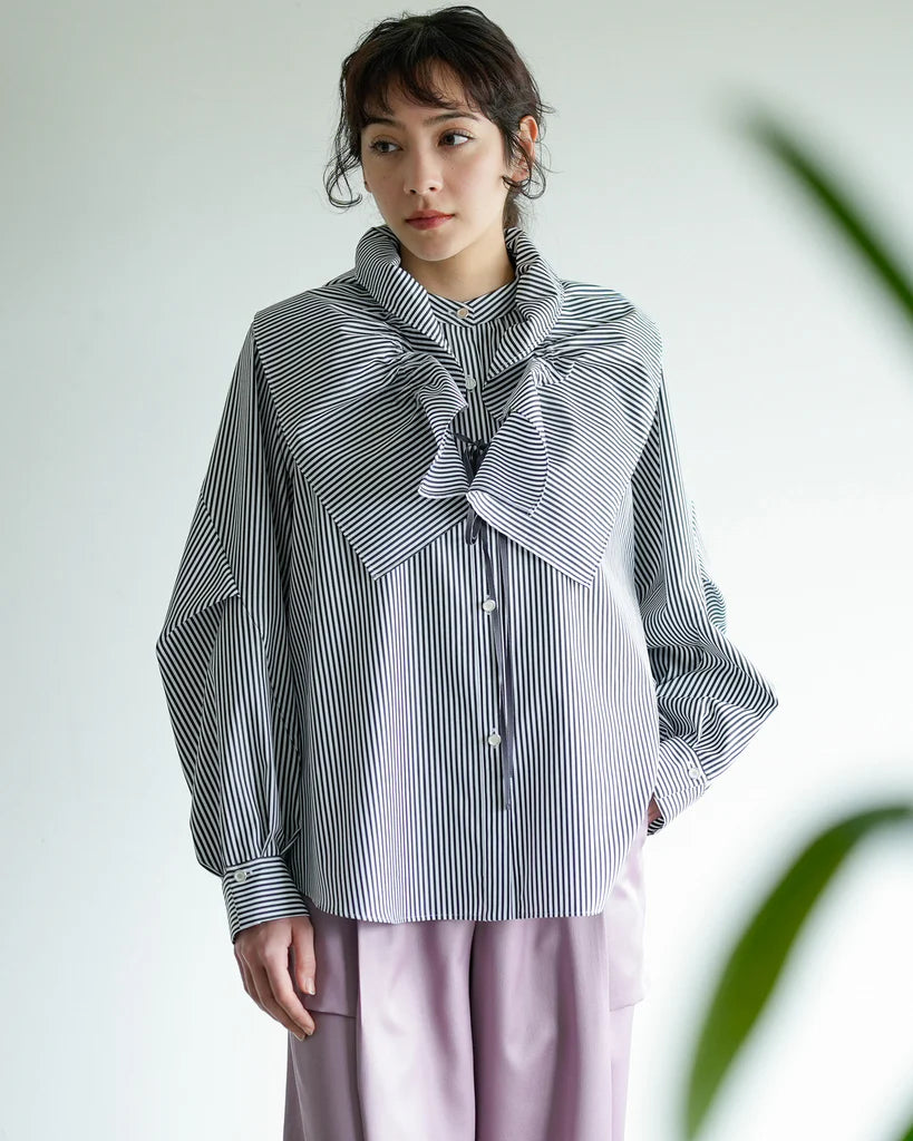 エリー ELLIE フリルカラーシャツ ストライプ柄長袖シャツ フリル付き