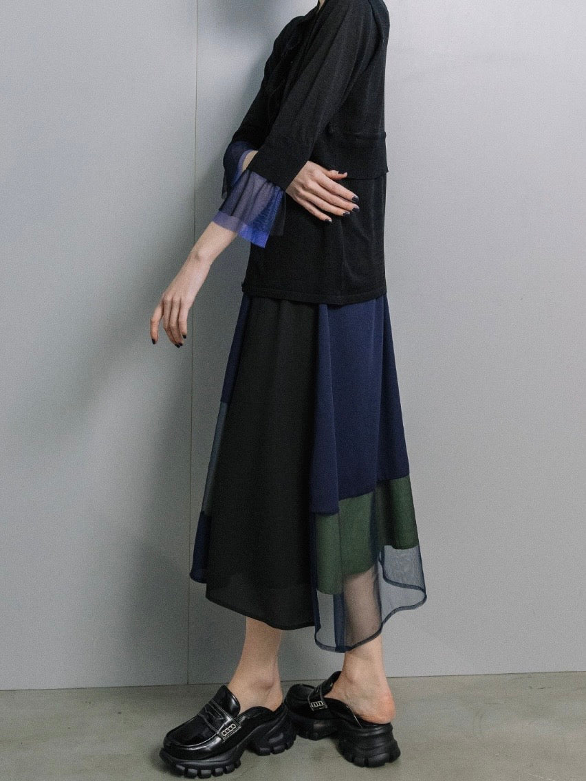 シフォンチュール異素材アシンメトリーフレアスカート