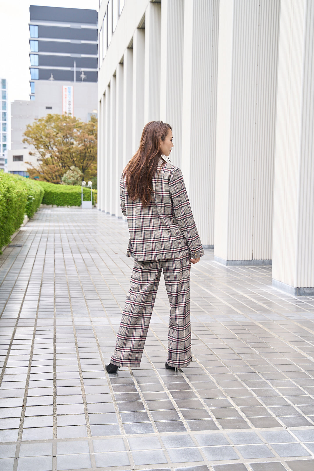 ラメ糸煌めくダブルウエストチェックパンツ