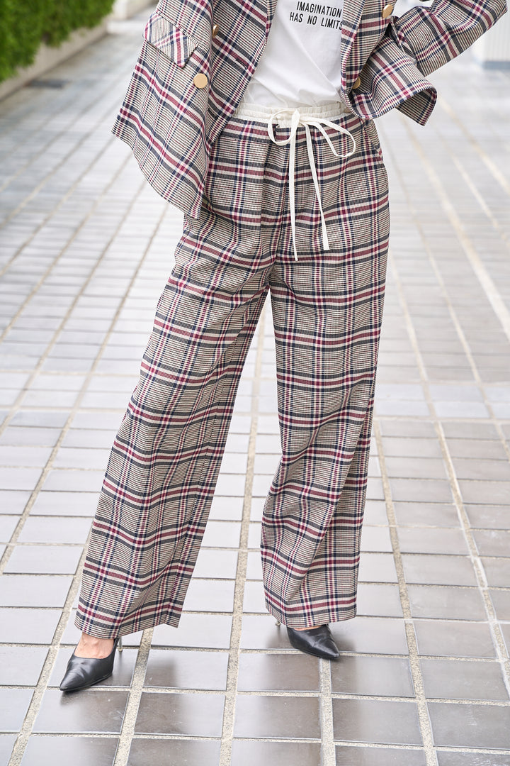 ラメ糸煌めくダブルウエストチェックパンツ