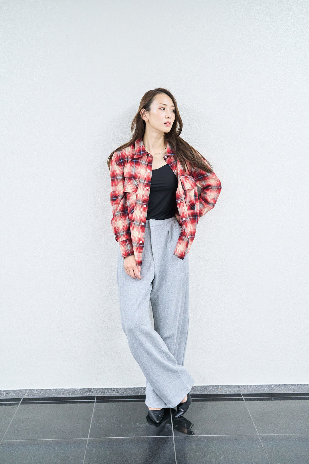 パールボタンオンブレチェックシャツ