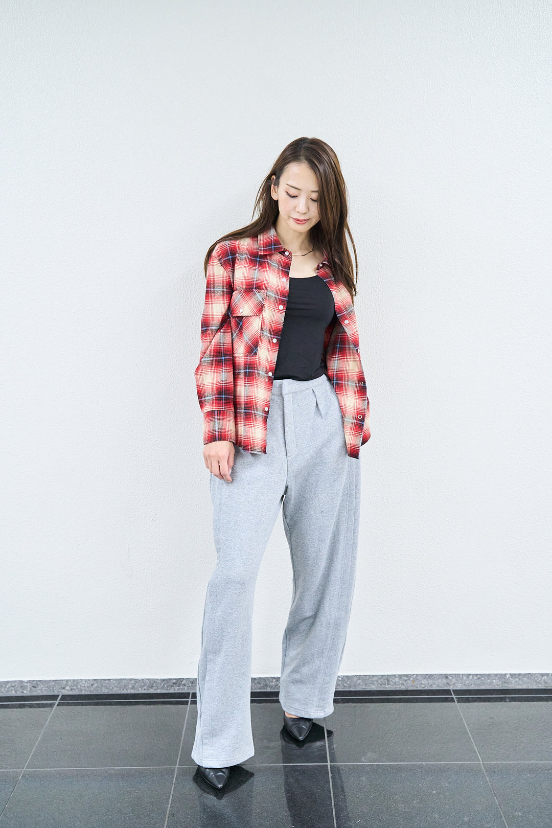 パールボタンオンブレチェックシャツ