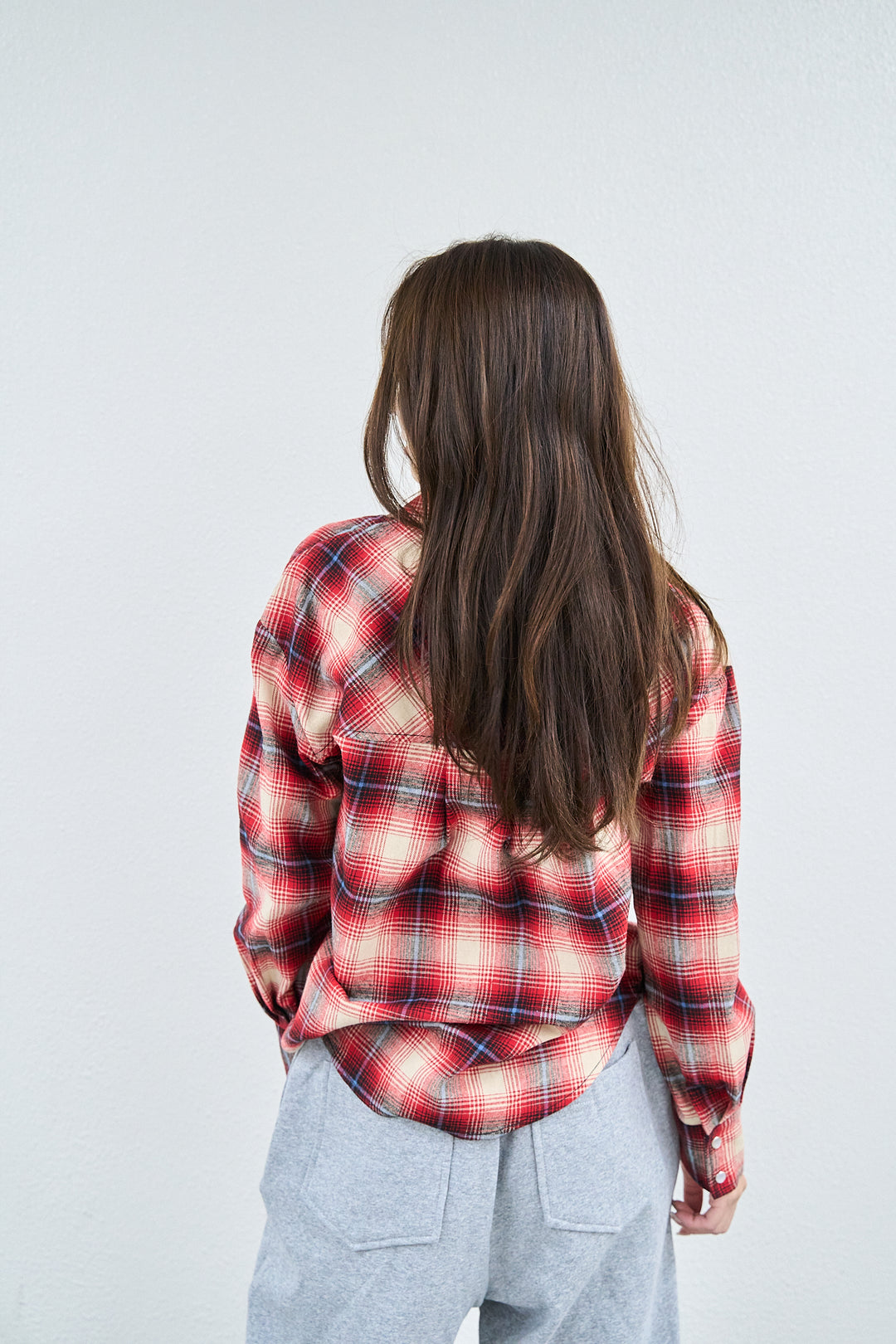 パールボタンオンブレチェックシャツ