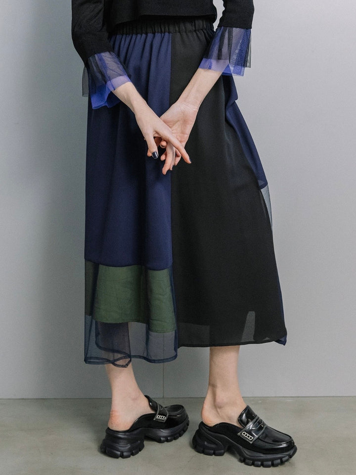 シフォンチュール異素材アシンメトリーフレアスカート