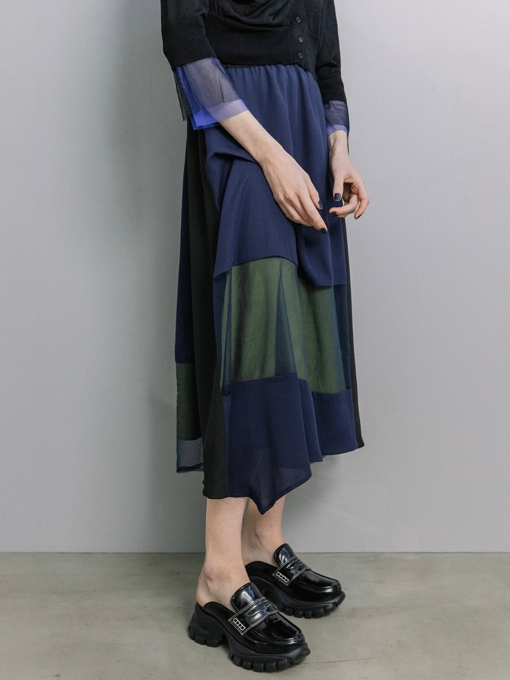 シフォンチュール異素材アシンメトリーフレアスカート