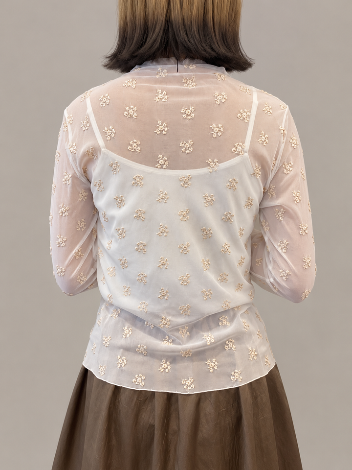 小花刺繍シアーハイネックトップス