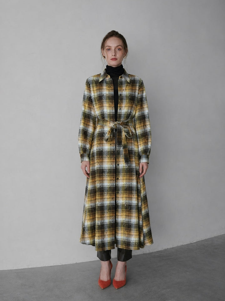 表情チェック前開きシャツワンピース