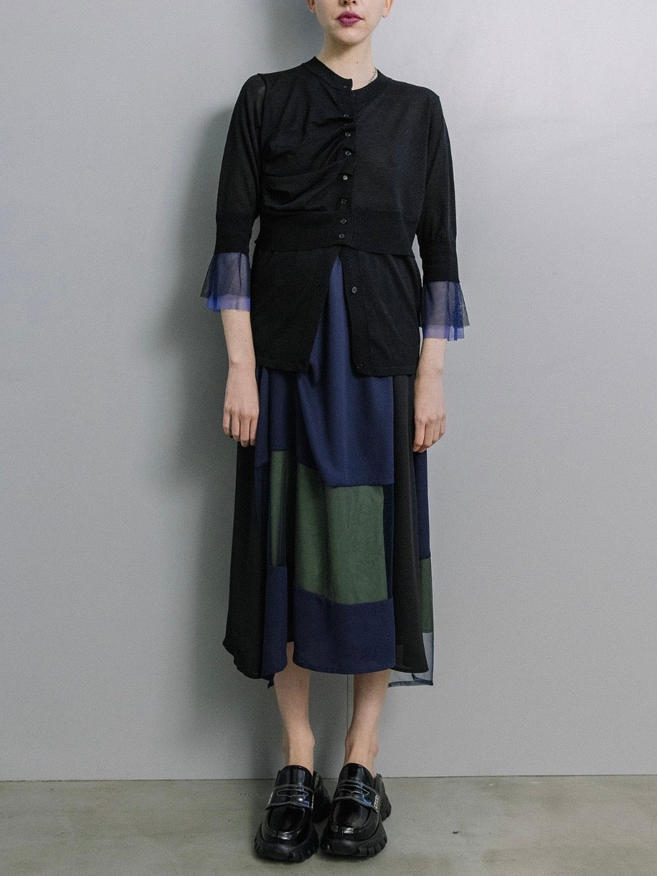 シフォンチュール異素材アシンメトリーフレアスカート