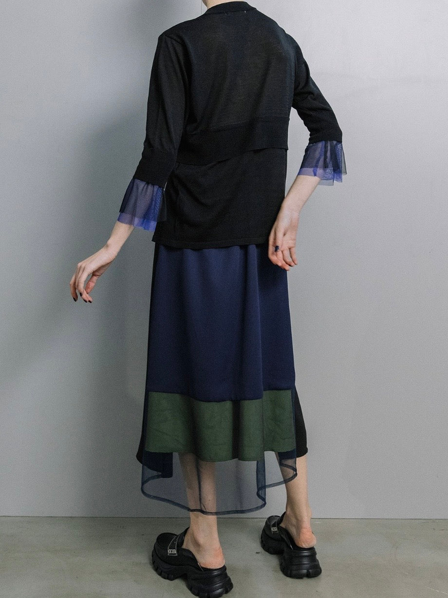 シフォンチュール異素材アシンメトリーフレアスカート