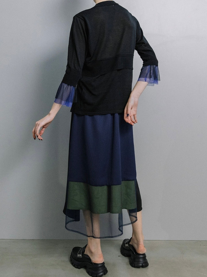 シフォンチュール異素材アシンメトリーフレアスカート