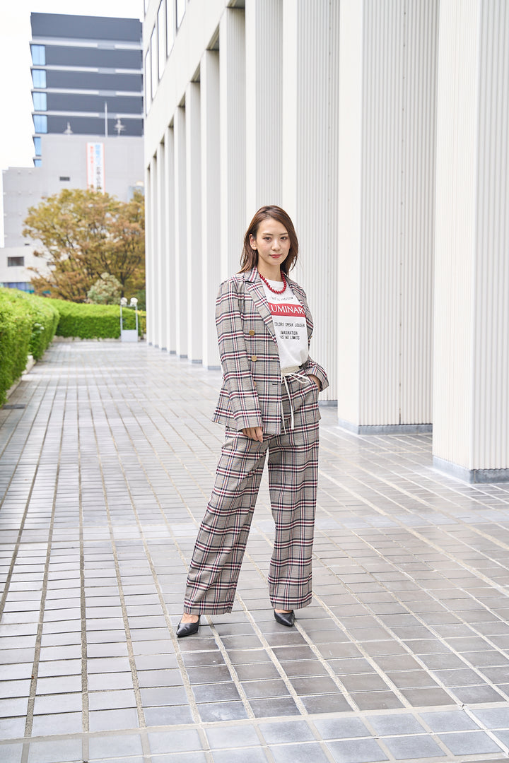 ラメ糸煌めくダブルウエストチェックパンツ