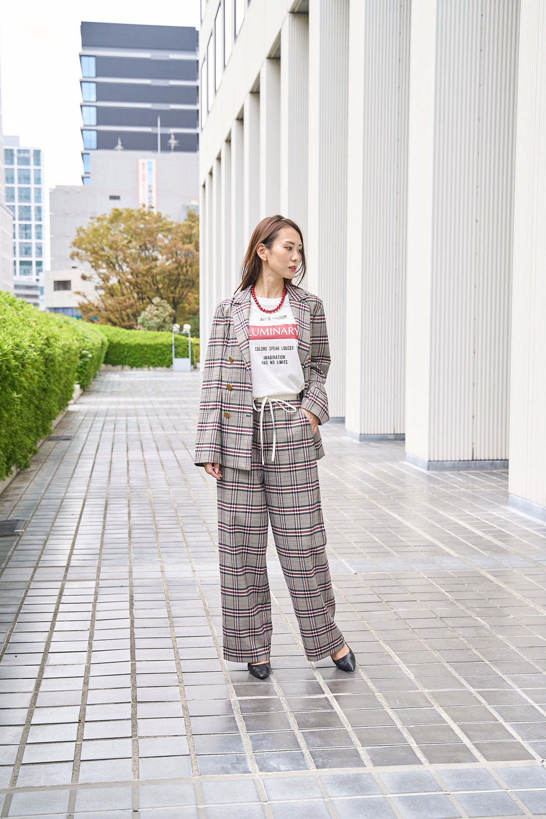 ラメ糸煌めくダブルウエストチェックパンツ