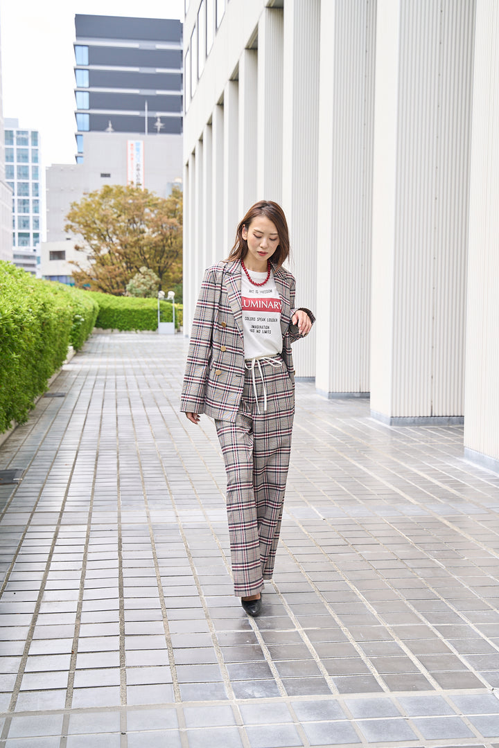 ラメ糸煌めくダブルウエストチェックパンツ