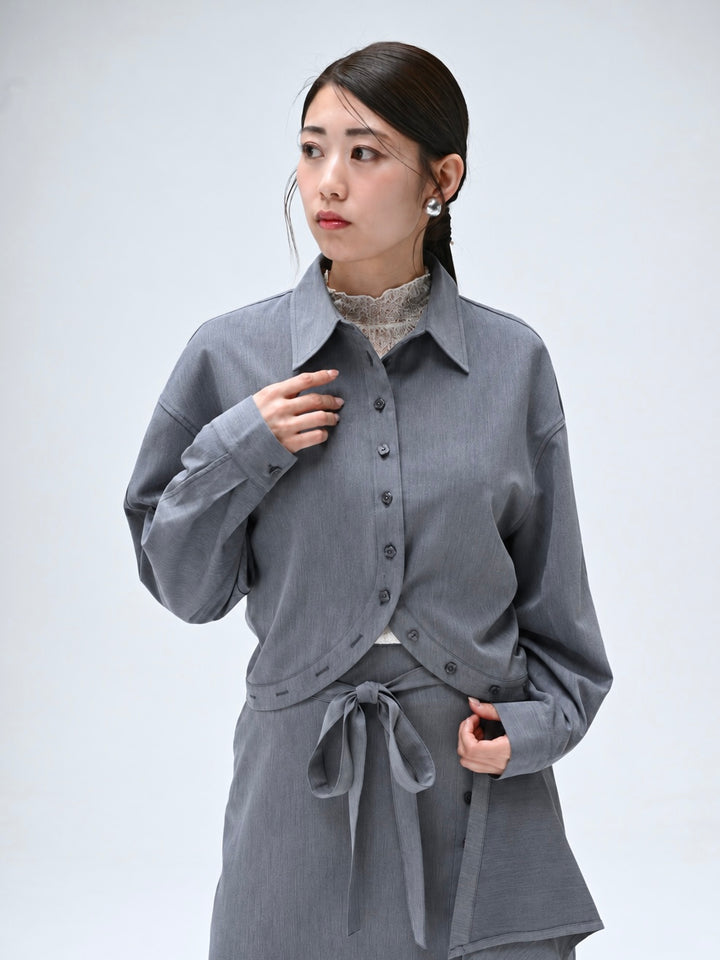 変形ヘムボタンデザインショートシャツ[セットアップ可能商品]