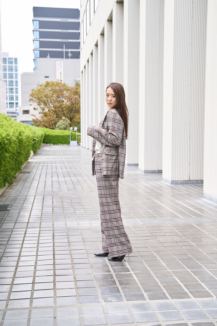 ラメ糸煌めくダブルウエストチェックパンツ
