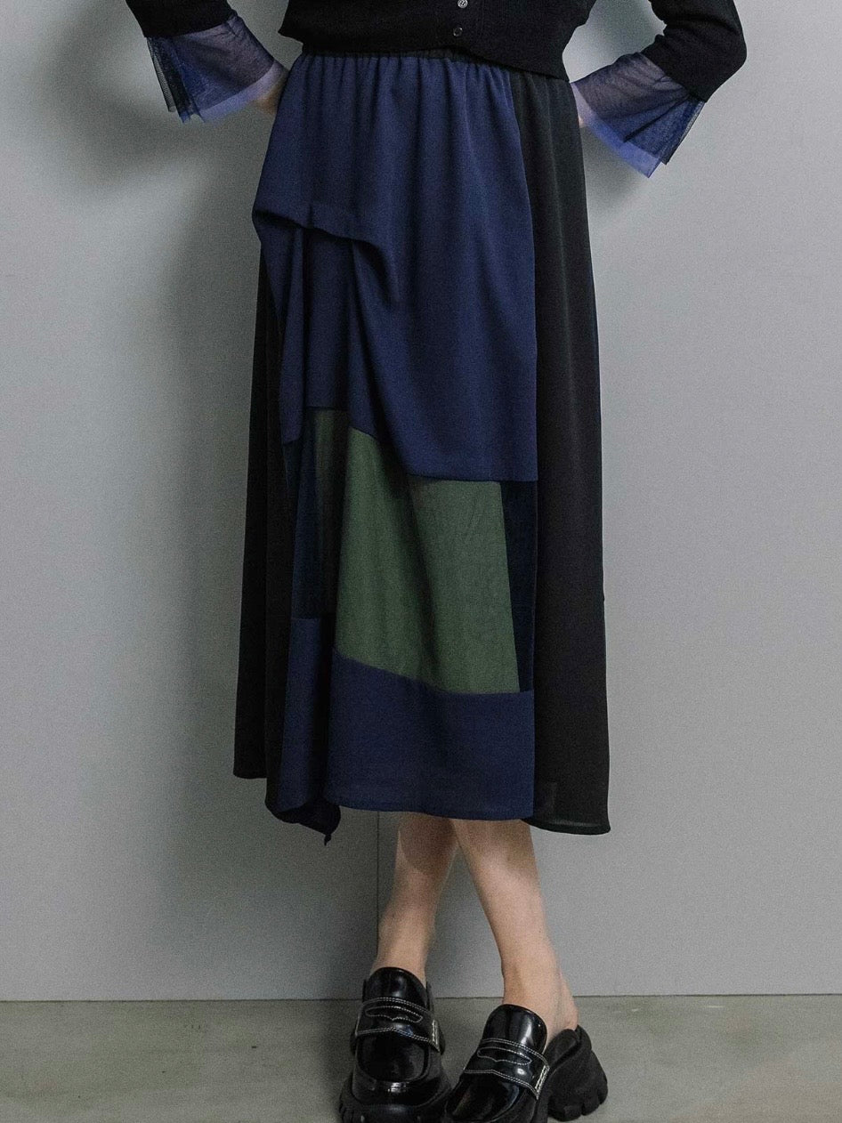 シフォンチュール異素材アシンメトリーフレアスカート