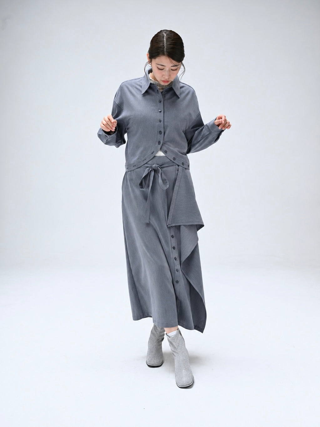 変形ヘムボタンデザインショートシャツ[セットアップ可能商品]