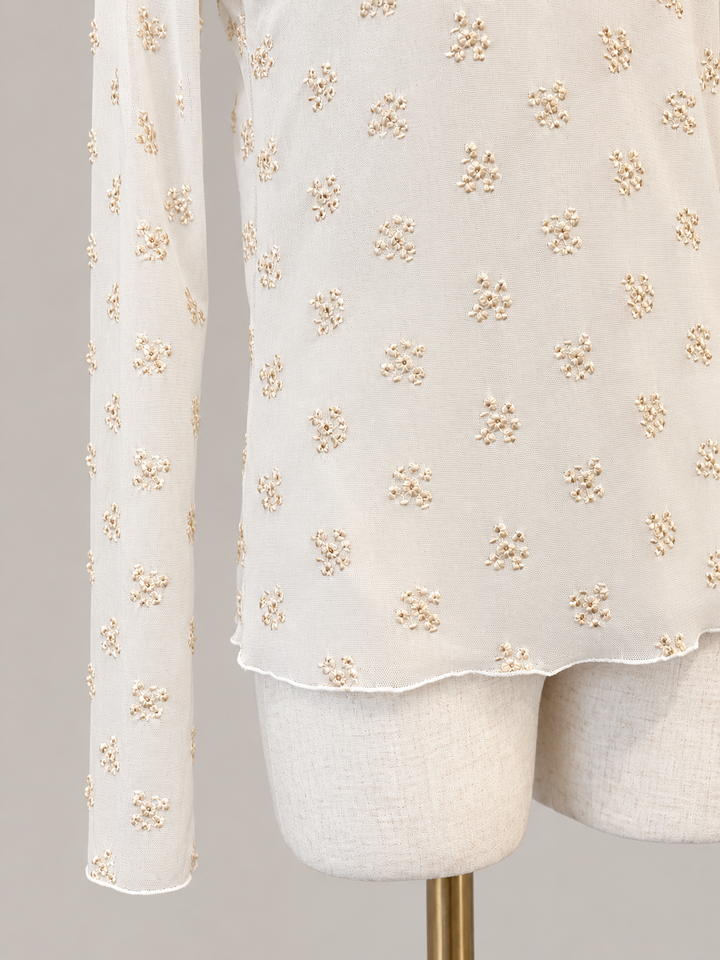 小花刺繍シアーハイネックトップス