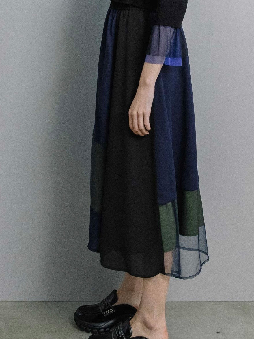 シフォンチュール異素材アシンメトリーフレアスカート