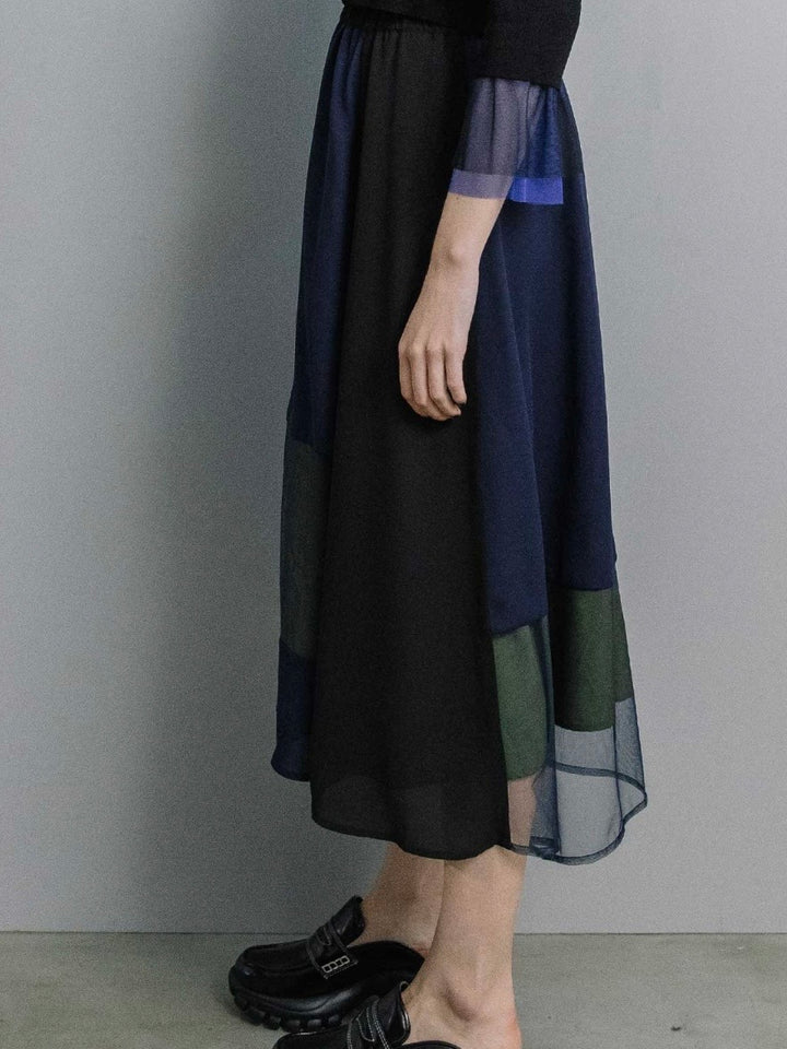 シフォンチュール異素材アシンメトリーフレアスカート