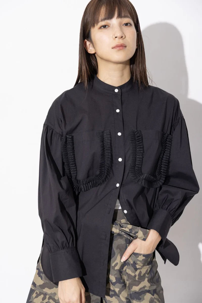 ポケットフリルデザイン大人可愛いブラウス