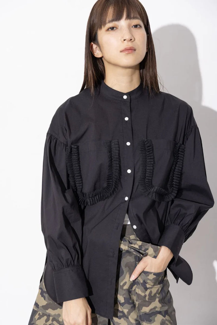 ポケットフリルデザイン大人可愛いブラウス